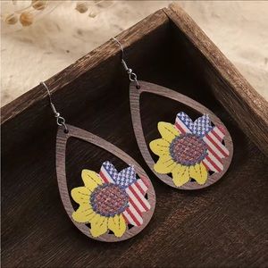 Sunflower and American Flag Wooden Teardrop Earrings